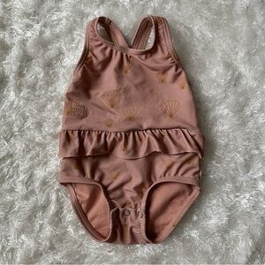Kids One-Piece Swim Suit in Dusty Rose with Shell Print